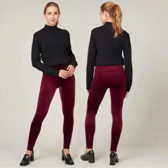 Spanx Velvet Burgundy Leggings 1X High Rise Slimming Chic Preppy Fall Winter - Picture 2 of 11